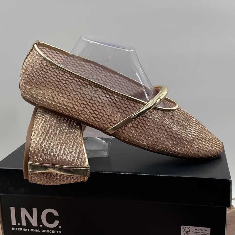 INC International Concepts Rose Gold Mesh Fishnet Metallic Bar Flats Shoes